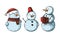 Set of different snowmen isolated on white background. Sketch, hand drawn