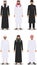 Set of different standing arab men in the traditional muslim arabic clothing on white background in flat style