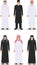 Set of different standing arab old men in the traditional muslim arabic clothing on white background in flat