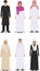 Set of different standing arab old people in the traditional muslim arabic clothing on white background in flat