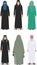 Set of different standing arab old people in the traditional muslim arabic clothing on white background in flat