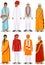 Set of different standing indian old people in the traditional clothing isolated on white background in flat style