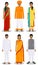 Set of different standing indian young adult women and men in the traditional clothing isolated on white background in