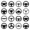 Set of different steering wheels icons isolated on white background. Car wheel control silhouette, auto part driving in