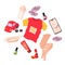 Set with different stuff. Broken toy, t-shirt, plate, smartphone, lipstick, CD disk, nail polish, water filter, tights