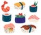 Set of different sushi and rolls. Sushi with tuna, salmon, eel, shrimp, vegetables. Traditional fresh raw food. Perfect for