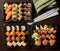 Set of different sushi and rolls wood desk top view nature food chopstick japan traditional fish tasty closeup