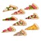 Set of different tasty slices of fresh italian pizza