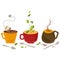 Set of different tea in cups with teaspoons vector illustration.Different types of tea leaf, in a sachet, granulated.