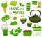 Set of different tea products of the matcha. Matcha powder, macarons, ice cream, cake, bamboo spoon, teapot, drink, sweets,tea, te