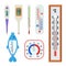 A set of different thermometers - indoor, outdoor, medical, for water. A large collection of thermometer-icons for the web. flat