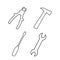 Set of different tools screwdriver, pliers, wrench, hammer in line style. Vector illustration