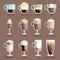 Set of different transparent cups of coffee types mug with foam beverage and breakfast morning sign tasty aromatic glass