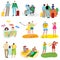 Set of different traveling people in various action situations. Vector illustration in flat cartoon style.