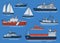 Set of different type ships and boats. Freighter, icebreaker, cruiser, yacht, trawler, speedboat. Flat vector