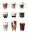 Set with different types of coffee drinks