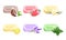 Set of different types of solid soap with coconut, strawberry, vanilla, lemon, lavender, mint. Vector illustration in