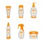 Set of different types of sunscreen bottles