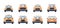 Set of different types of urban car. Front and back view vector illustration. Compact car, service tow pick up, SUV