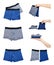 set of different Underpants and clothing for kids with hand isolated on white background.