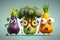 A set of different vegetables with eyes, cartoons, healthy food concept, generative AI.
