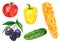 Set of different vegetables, hand drawn watercolor illustration. Cucumber, tomato, yellow pepper, corn, olives.