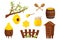 Set of different wooden beehive, cute fence, honey dipper, barrel and glass jar. Apiculture, beekeeping equipment, cartoon objects