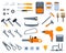 Set with different work tools, flat illustration. Electricity, home repair, home renovation concept