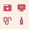 Set Digital thermometer, Patient record, Location hospital and IV bag icon. Vector