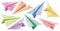 Set of digital watercolor painting of various colored paper planes, with clipping path