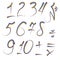 A set of digits from one to ten written in an iridescent outline, plus, minus, divide, multiply, equals