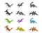 Set of dinosaur icons in color pixel style, vector