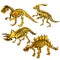 Set of dinosaur skeletons made of gold. Souvenirs in the form of remains of prehistoric animals isolated on a white