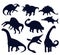 Set of dinosaurs silhouettes on white, stegosaurus, triceratops, Brontosaurus, spinosaurus and underwater reptiles