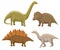 Set of dinosaurs. Stegosaurus, triceratops, Iguanodon, diplodocus. Vector illustration isolated on white. Colorful set of fantasy