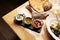 Set of dipping sauces hummus, guacamole, tomato tapenade