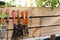 Set of dirt used rusty gardening tools hanging on wooden board background at home garden greenhouse flowerbed or