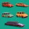 Set of dirty vintage american automobile. Cartoon vector illustration