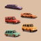 Set of dirty vintage american automobile. Cartoon vector illustration