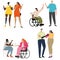 Set of disabled people with prostheses and wheelchairs. Vector illustration in flat cartoon style