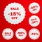 Set of discount paper badges on red background with red text.