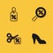 Set Discount percent tag, Woman shoe, Scissors cuts discount coupon and Magnifying glass with icon with long shadow