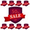 Set of discount stickers. Dark red badges with red ribbon for sale 10 - 90 percent off.