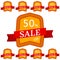 Set of discount stickers. Orange badges with red ribbon for sale 10 - 90 percent off.