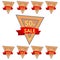 Set of discount stickers. Triangular orange badges with red ribbon for sale 10 - 90 percent off.