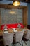 Set of a dish with spoon, fork and knife on wooden table. Empty Table setting on woo den table in restaurant served for dinner .