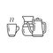 Set of dishes for making drip coffee. Pour over coffee maker, cup with hot drink, punch pot with long nose. Black linear icon.