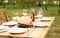 Set of dishware on table outdoors