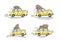 Set of distorted yellow retro cars with luggage on the roof on white background.