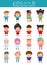 Set of diverse kids on white background. people characters, Different nationalities and dress styles. kids European , Ame